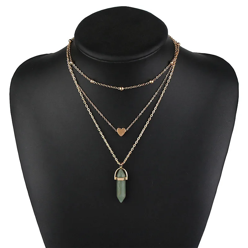Green Vintage Opal камень Чокеры Цепочки и ожерелья s модная разноцветная Слои хрустальное сердце кулон Цепочки и ожерелья массивные Богемские ювелирные изделия для Для женщин - Окраска металла: Green