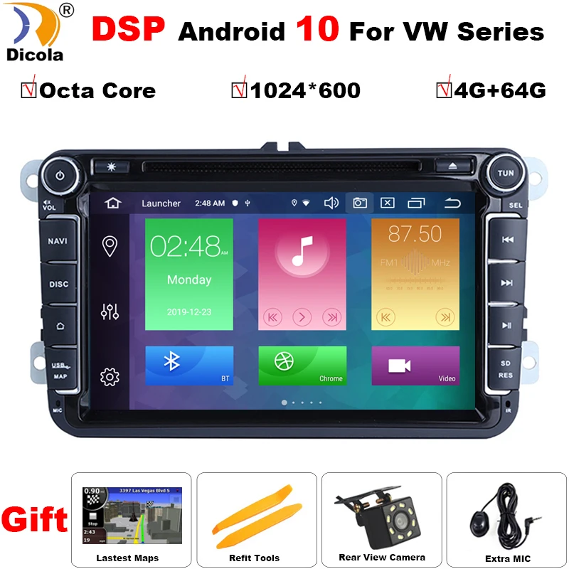 2 Din 8 &quotDSP Android 10 Восьмиядерный 4 Гб ОЗУ автомобильный DVD-плеер для VW Passat CC Polo GOLF 5 6