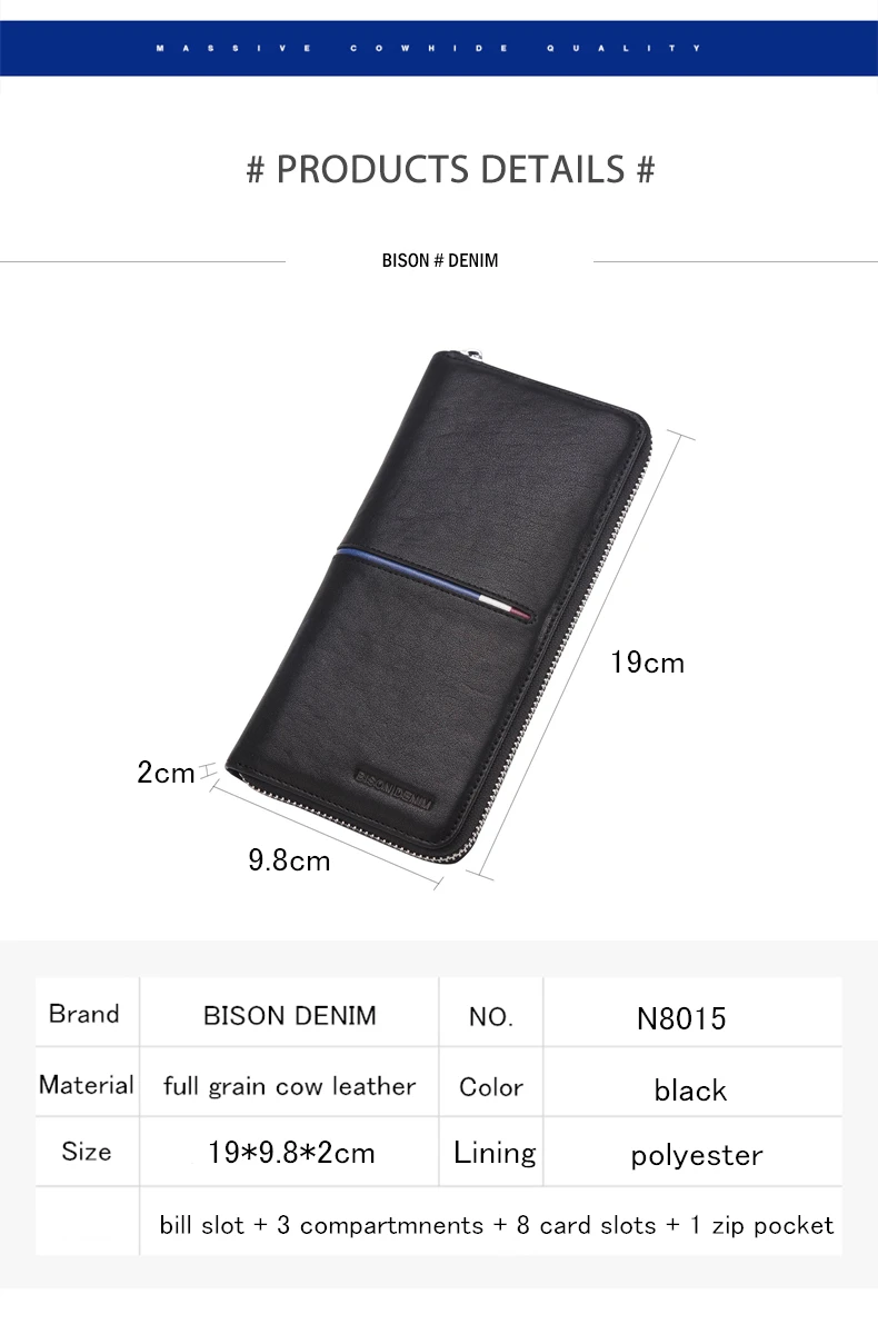 BISON DENIM, Длинный кошелек из натуральной кожи на молнии, вместительный мужской кошелек для телефона, роскошный брендовый клатч, модный кошелек N8150