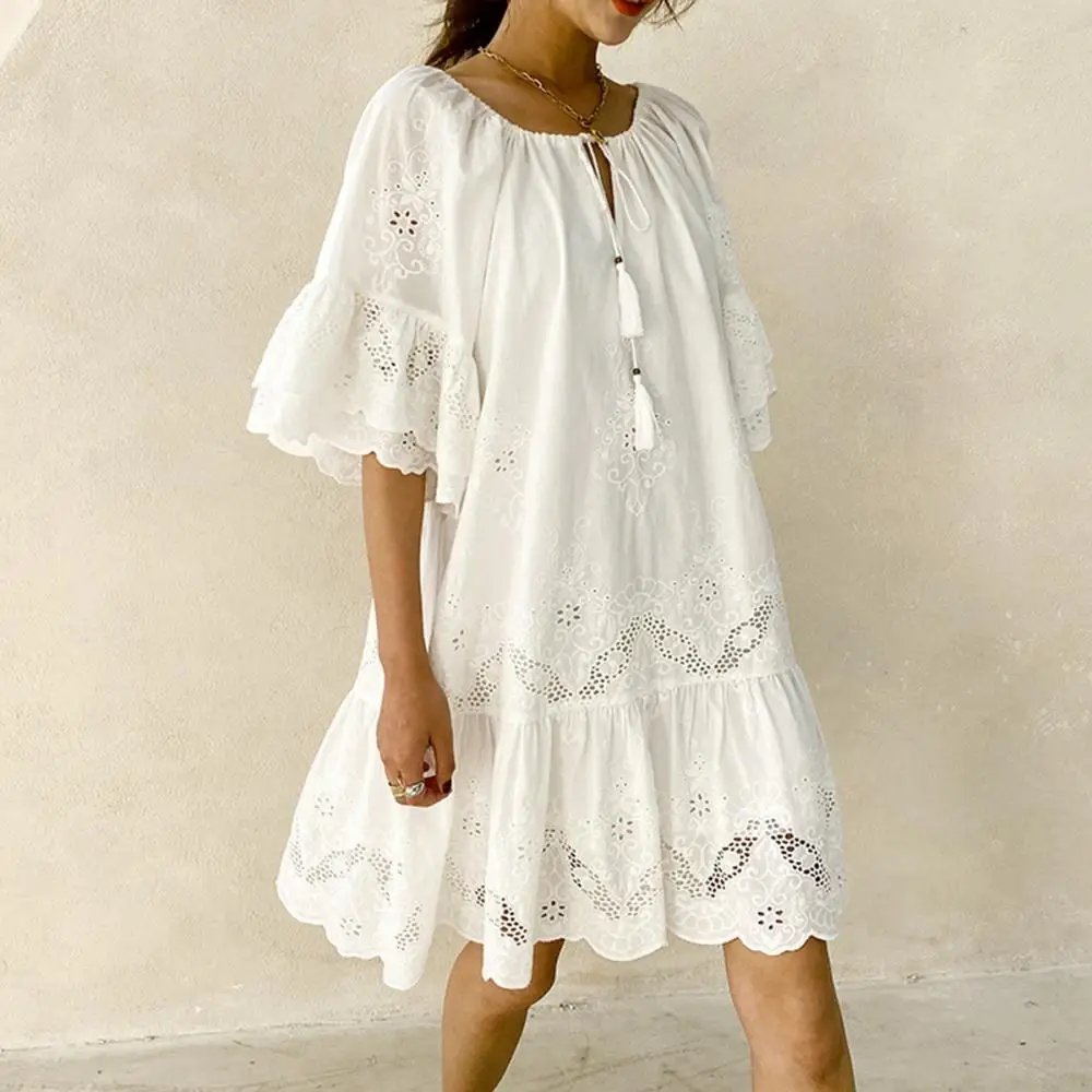 

Chic Eyelet Lace Embroidery Mini Dress Ruffle Sleeve Tassle V-Neck Boho Casual Beach Dress Summer Women Clothing 2021