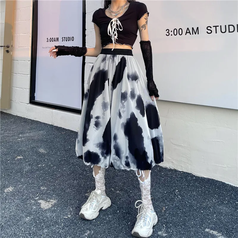 

Harajpoo Women Skirts Half-length Female Summer Korean Version Ins Harajuku Style Retro Ink Tie Dye Puff High Waist Thin Skirt
