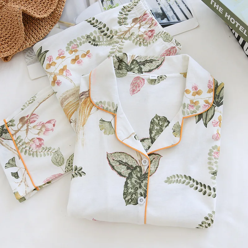

2021New knitted cotton pajamas long sleeves and trousers for home wear spring and summer women's soft and breathable home wear