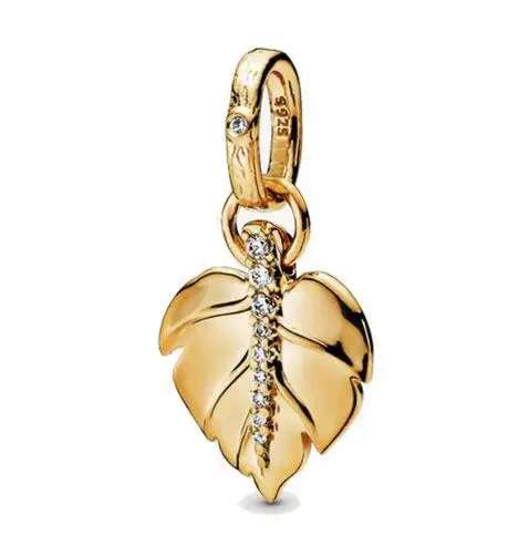 Genuine 925 Sterling Silver Bead Shine Shining Leaf Dangle Charm Fit pandora Bracelets & Necklace Women Diy Jewelry