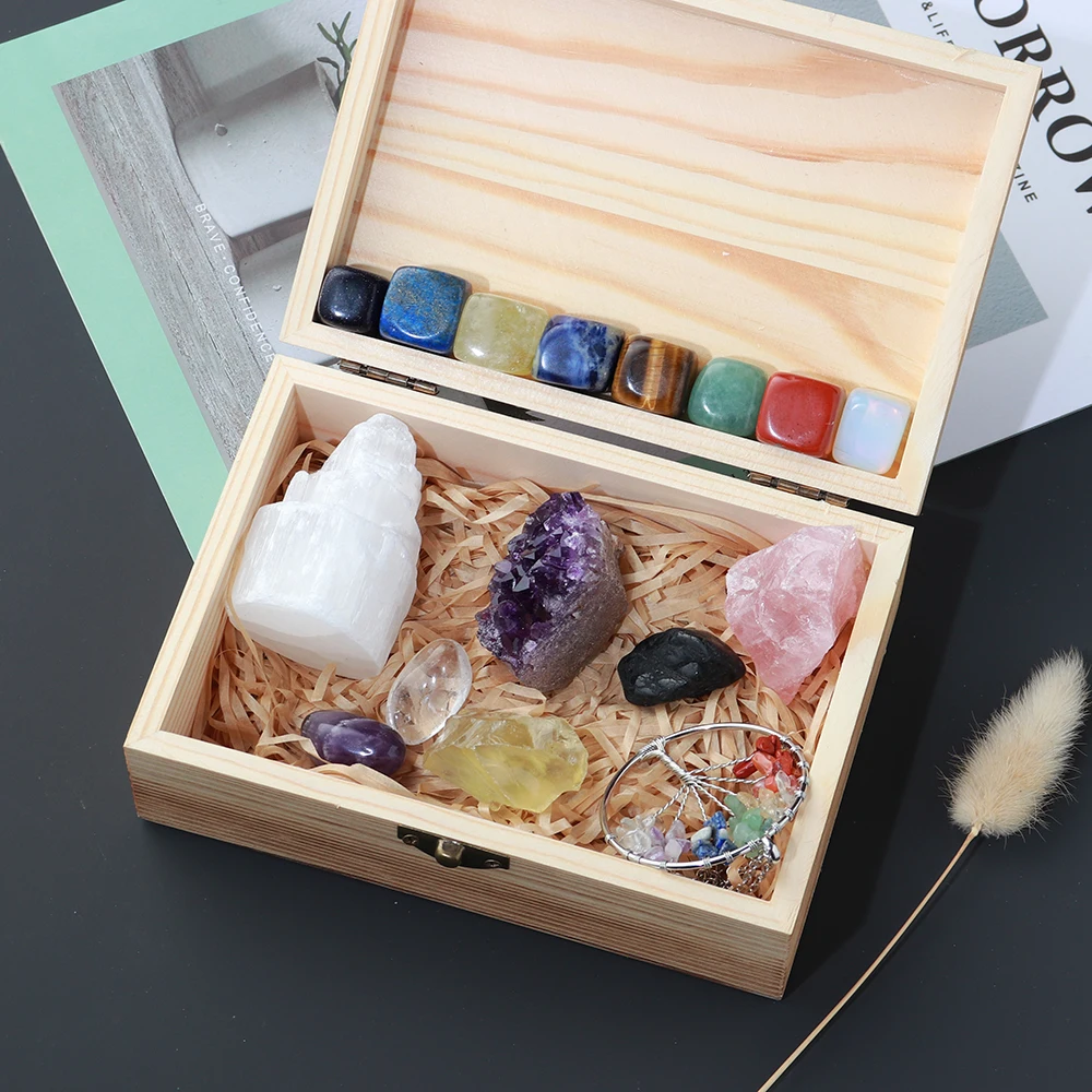 

16 шт./компл. натуральный кристалл, кварц, драгоценный камень, семь чакр, лечение, кристаллы, деревянная подарочная коробка