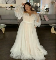 plus size wedding dress puff long sleeve light champage floor length tulle bridal gowns big size off shoulder women brides dress