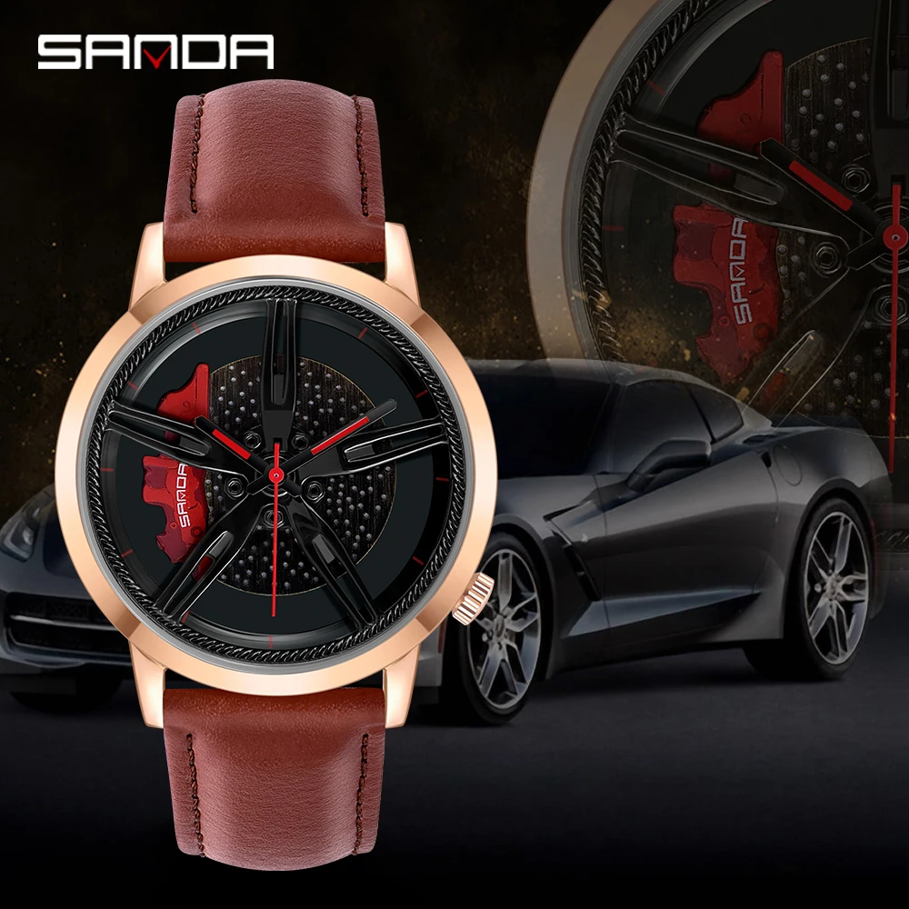 

SANDA Top Brand New Men Wristwatch Fashion Wheel Series Dial Leather Strap Waterproof Gift Watch Premium Quartz Movement 1040