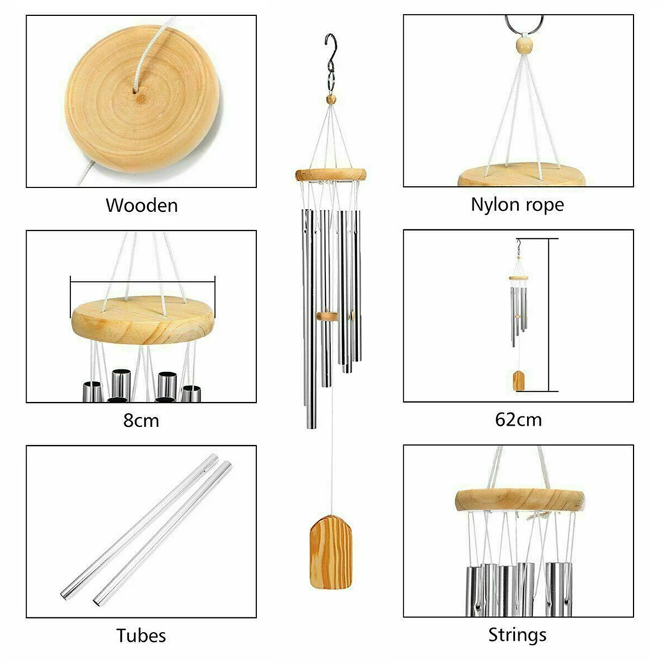 Колокольчики ветряные с 6 трубками подвесные металлические и алюминиевые трубки
