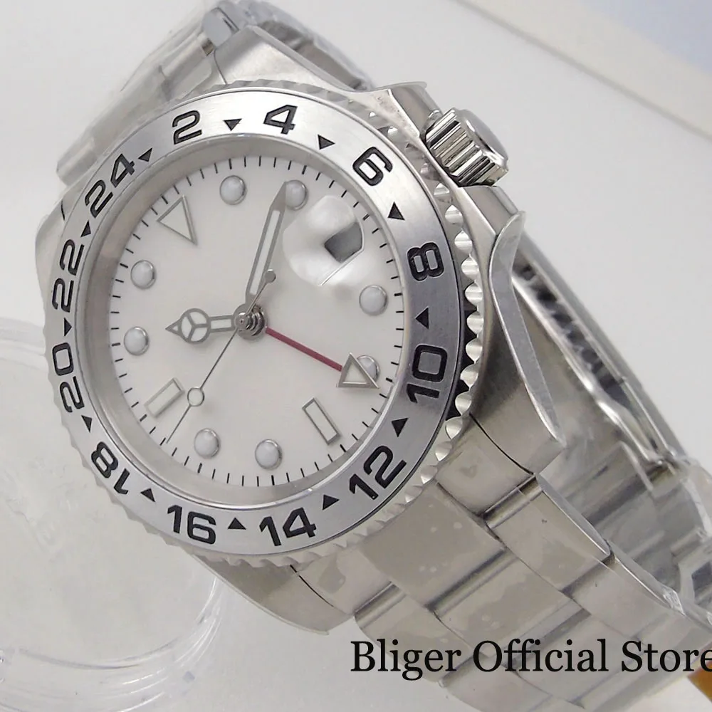 

BLIGER 40mm White Mechanical GMT Men Watch Date Display Brushed Oyster Band Scredown Crown Grey Steel Insert Flat Spaphire