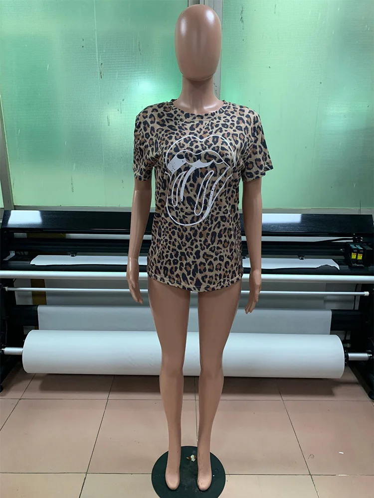 

Spring Summer 2021 hot sale lip print round neck short sleeve leopard print loose pullover women's top T-shirt