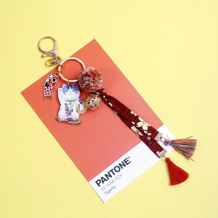 Tranditioal кимоно Maneki Neko Lucky Cat Fat Fortune Cat Брелок меховой шарик брелок для автомобиля сумка Подвеска для женщин D366 - Цвет: baby pink