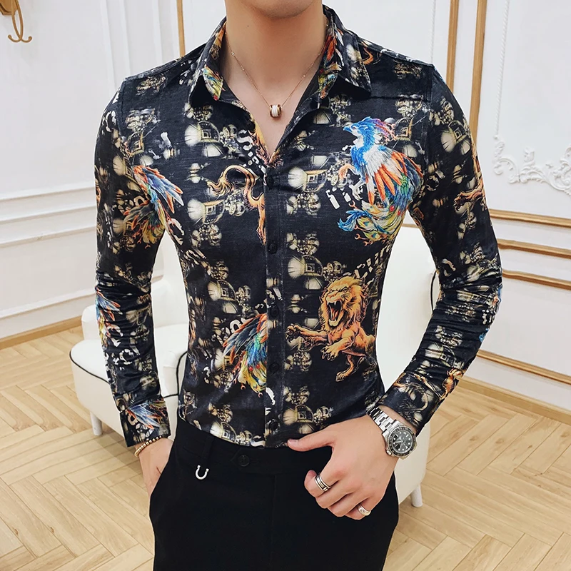 Мужская рубашка на пуговицах утепленная с цветочным принтом формальные рубашки