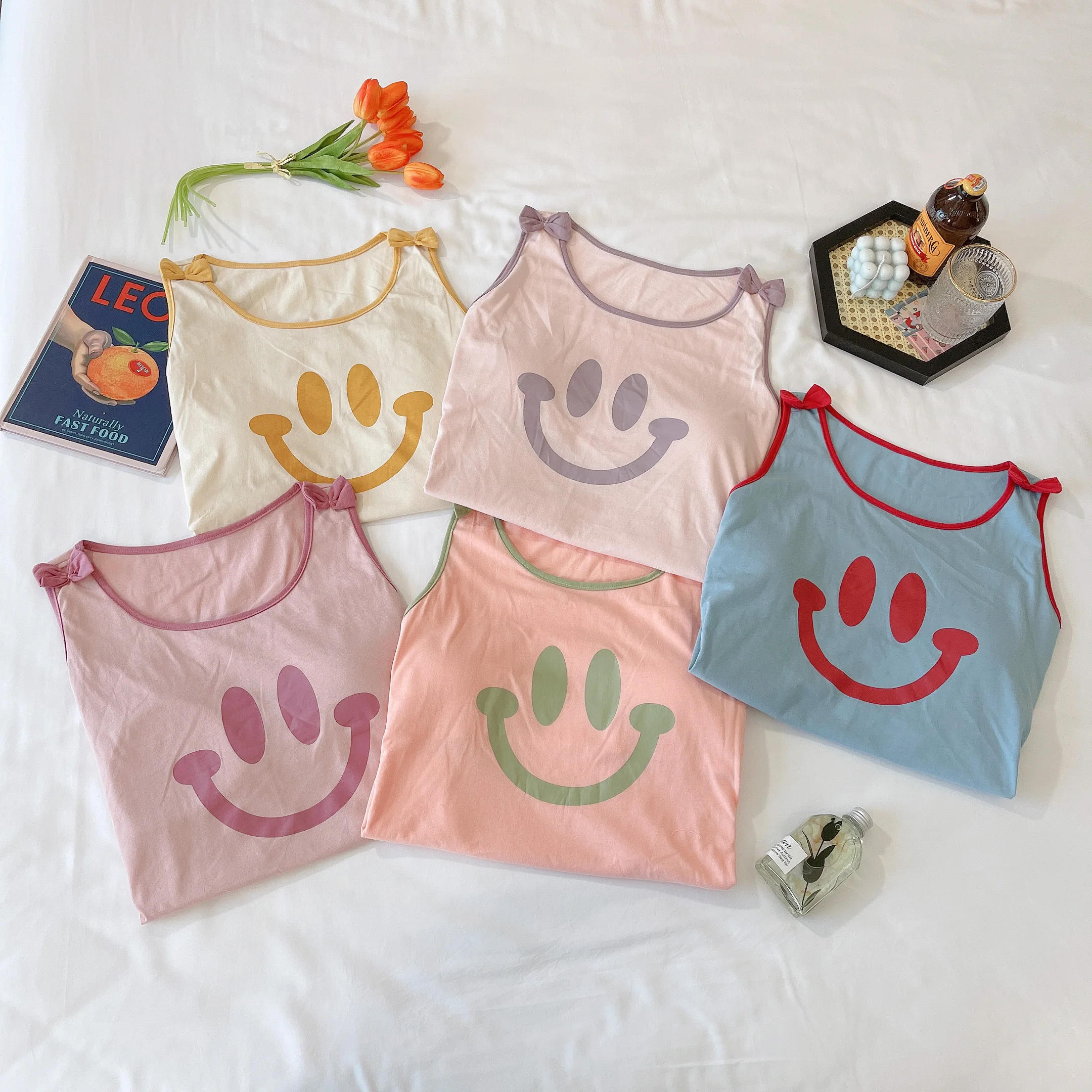 

Sling Pajamas Women Cotton Short-sleeved Shorts Homewear Summer Smiling Sleepwear Face Print Night Suit 2021 New Pyjama Set