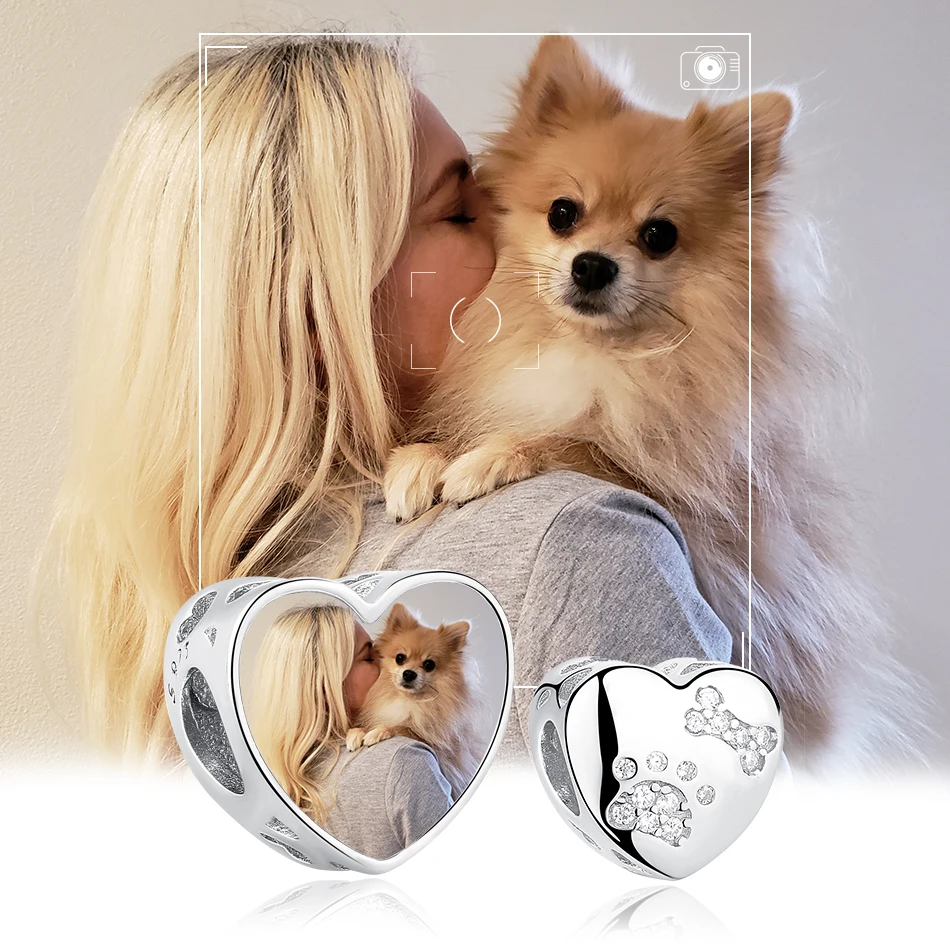 Customized Photo Heart Charms Fit Bracelet Silver 925 Original Sterling Dog Paw Print Charm Beads Jewelry Making |