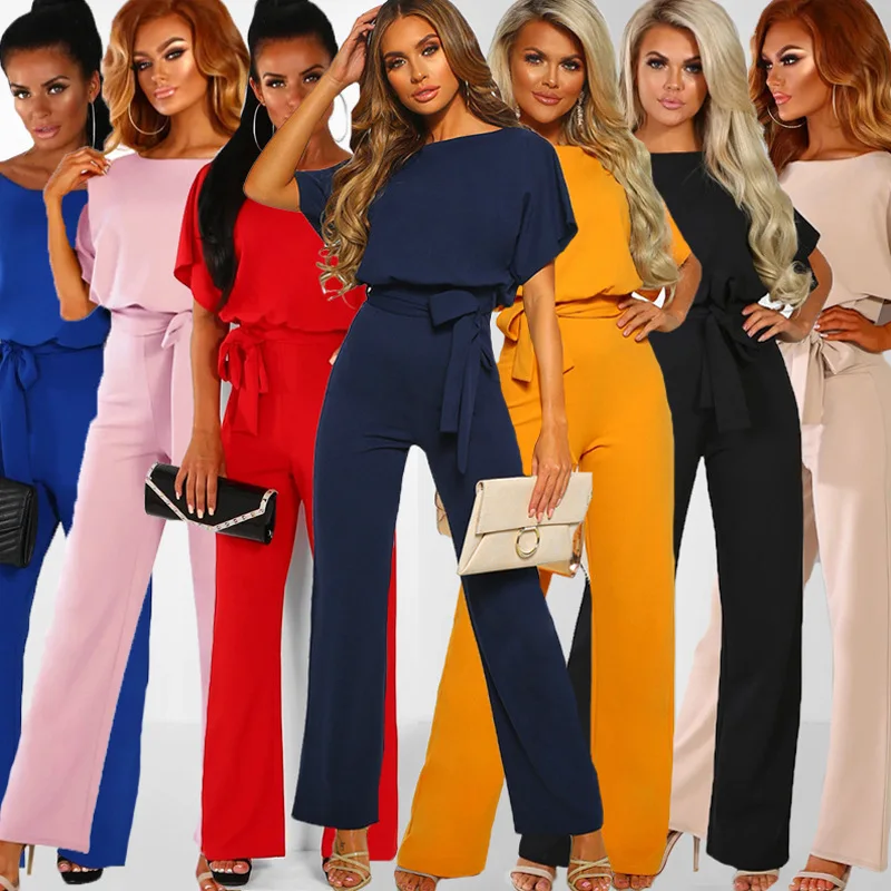 

Women Summer Jumpsuit 2021 Short Sleeve Elegant jumpsuit Long wide leg Pants High waist Casual Bodysuit Plus Size Overalls Loose