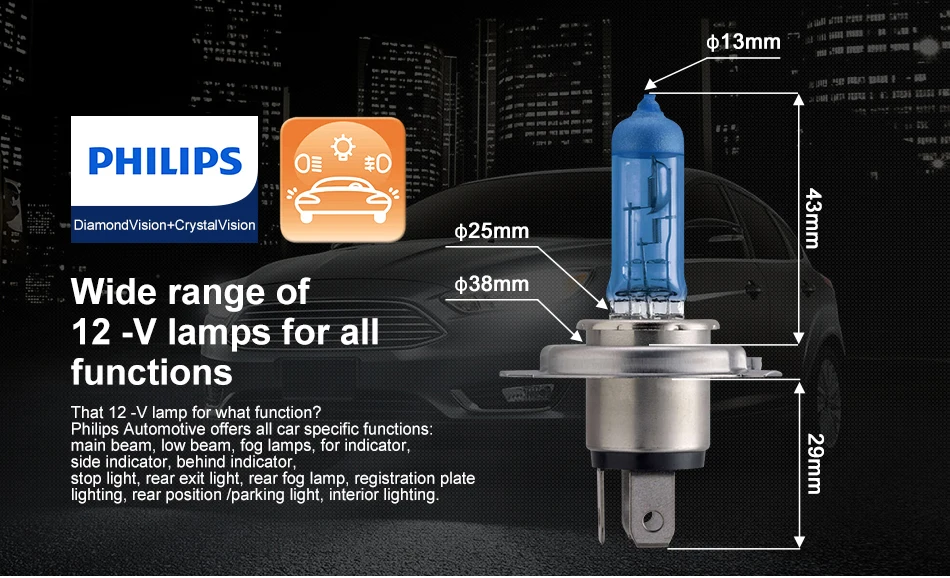 Philips h4 halogen 55W 12V Diamond Vision 5000K Ultimate White Light auto lamp H4 Headlight Original Car Accessories 2PCS