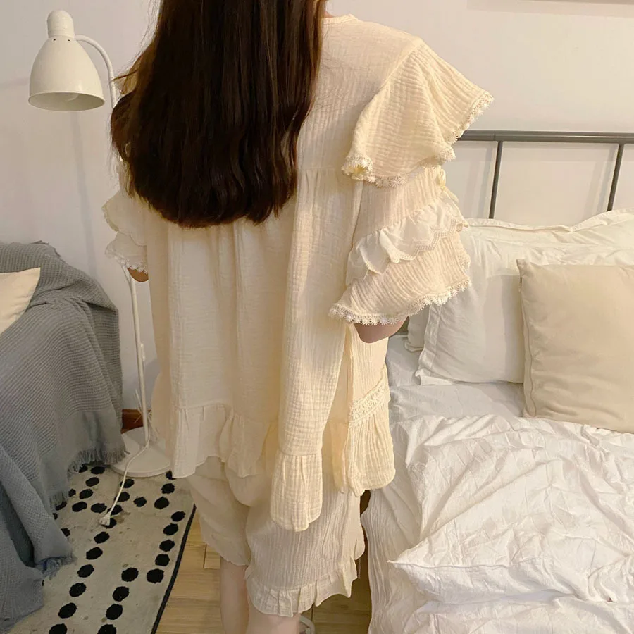 Court Style Lace Ruffle Nightgown Home Wear 2021 Summer New Retro Pajamas Women's V-neck Short Sleeve Female Sleepwear Nightwear
