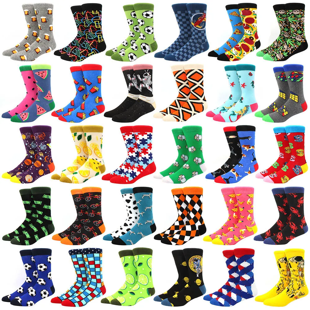

6 pairs Men Socks Cotton Casual Personality Design funny Hip Hop Streetwear Happy Socks for Men Woman big size socks 300 colors