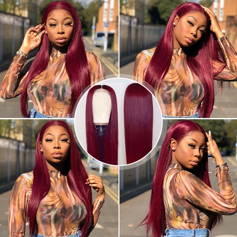 

99j Burgundy Colored Human Hair Wigs 28 Inches Malaysian Straight Lace Front Human Hair Wigs For Women HD Lace Frontal Wigs 150%
