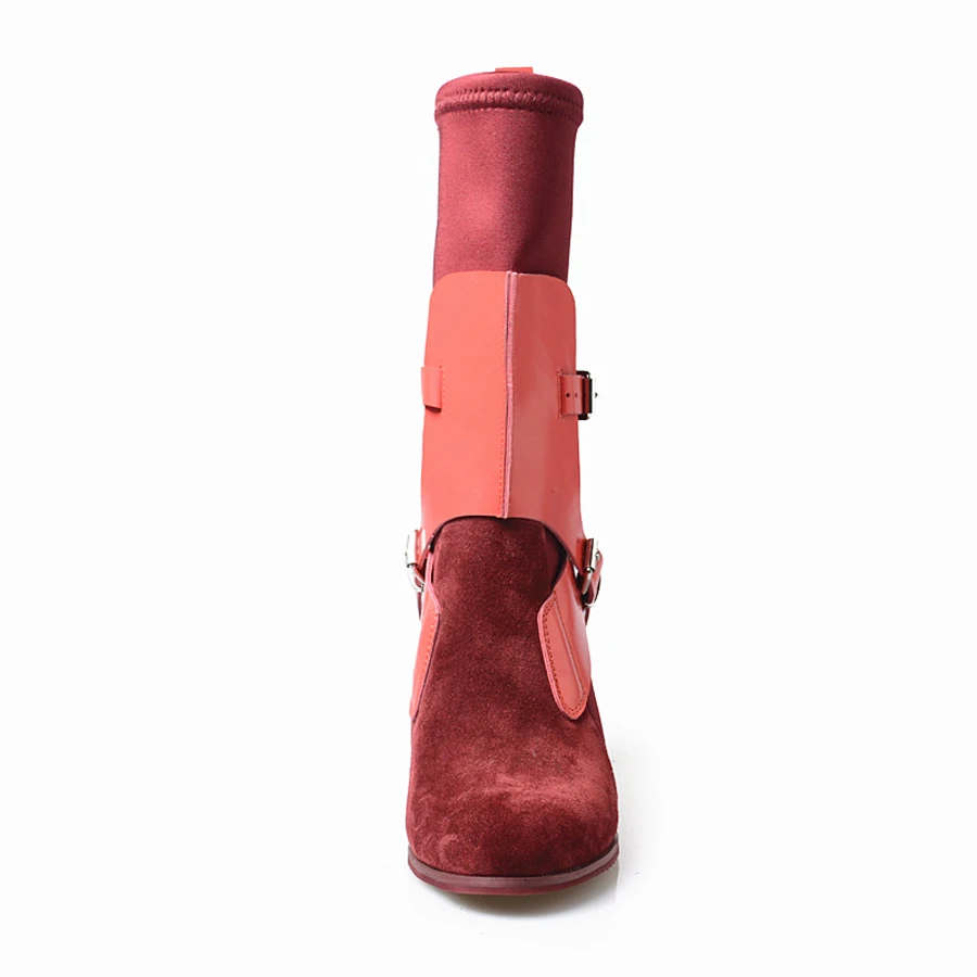 Kopen Prova Perfetto Nieuwste Stretch Sok Laarzen Lederen Gesp Ronde Neus Chunky Hoge Hak Chelsea Korte Laarzen Mujer Zapato