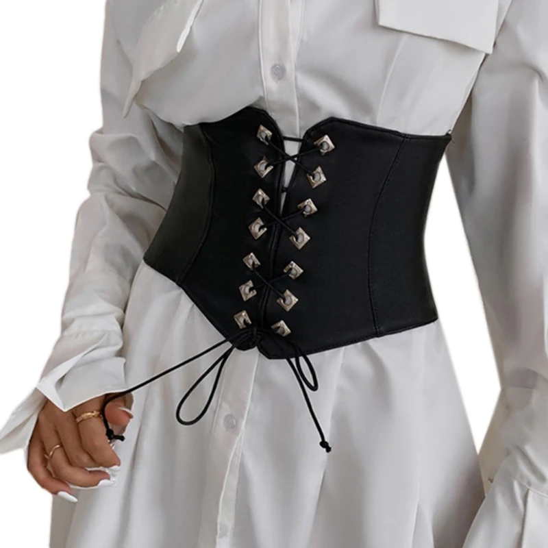 

094B Gothic Dark Lace Up Female Waist Corset Belt Wide PU Leather Belts Women
