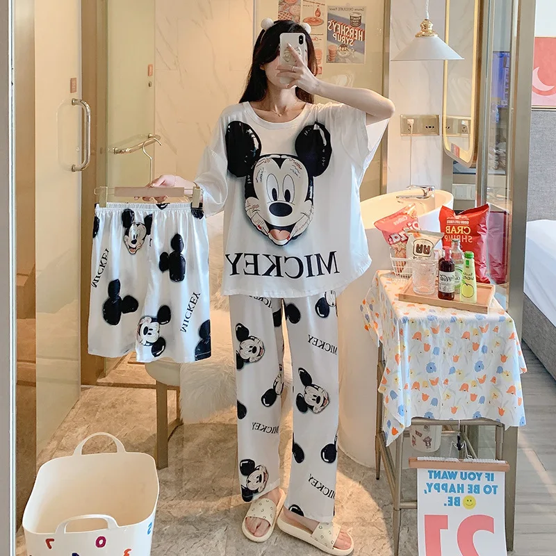 

New Summer Cute Black Mickey Casual Short-Sleeved Shorts Pajama Pants Ladies Home Service Suit 3 Pieces Set