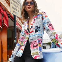 paper print vintage casual streetwear women blazers coat spring plus size new fashion tops jacket elegant lady america stylish