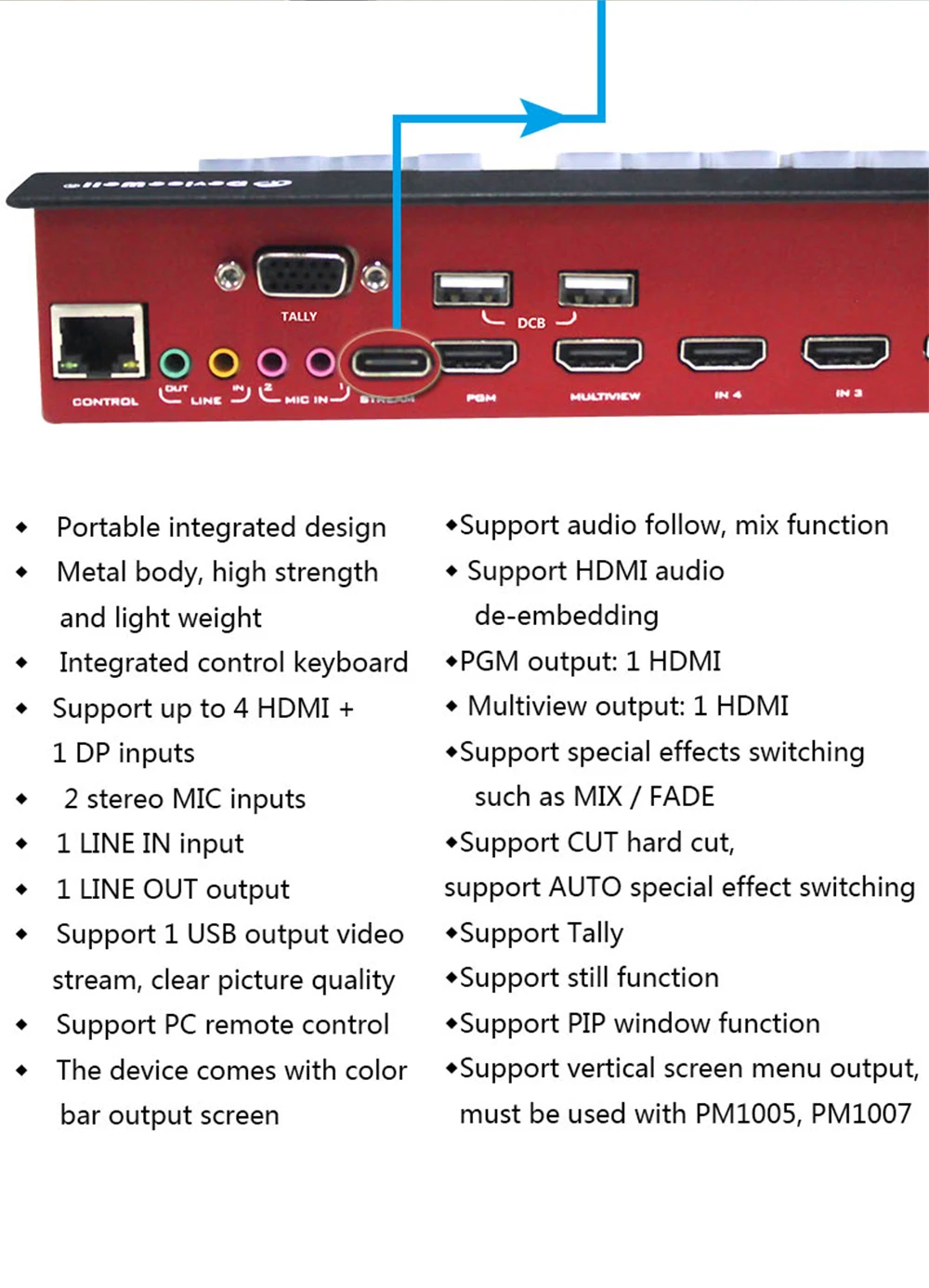 Микро видеопереключатель DeviceWell 5CH миксер 4CH HDMI + 1CH DP HDS7105 V21 PGM PVW мульти вид