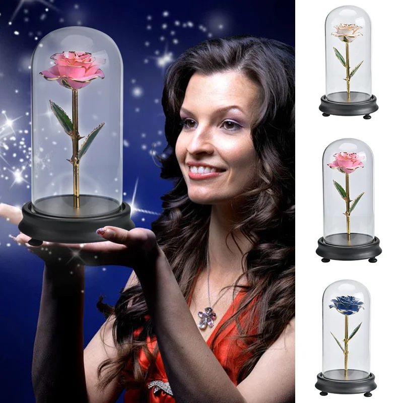 Реалистичная розовая в стеклянном куполе из 24 каратного золота искусственный