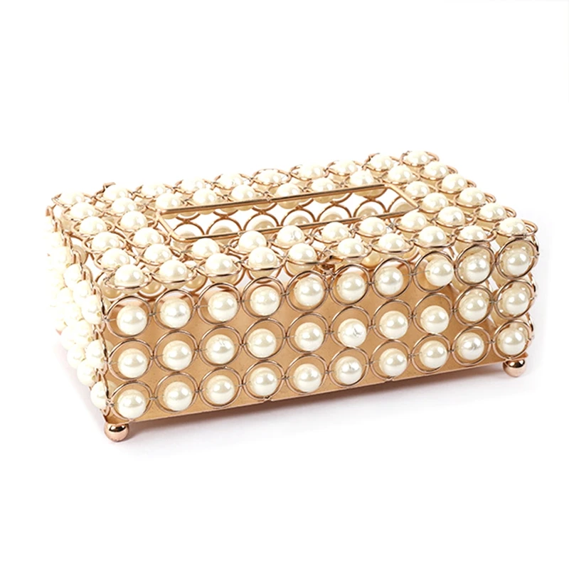 

HOT-Tissue Box Storage Box Shiny Luxury Creative Metal Paper Container Pearl Tissue Box Tray Restaurant Bar Car