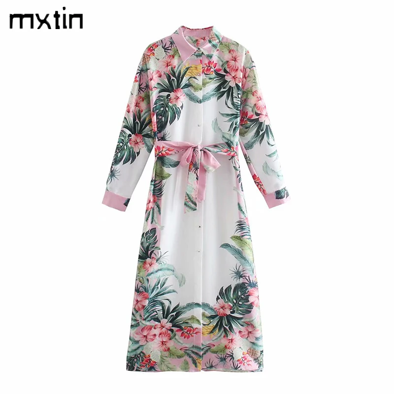 

MXTIN 2021 женское весеннее винтажное платье миди с цветочным принтом, модное платье с бантом, поясом, отложным воротником и длинным рукавом, пла...
