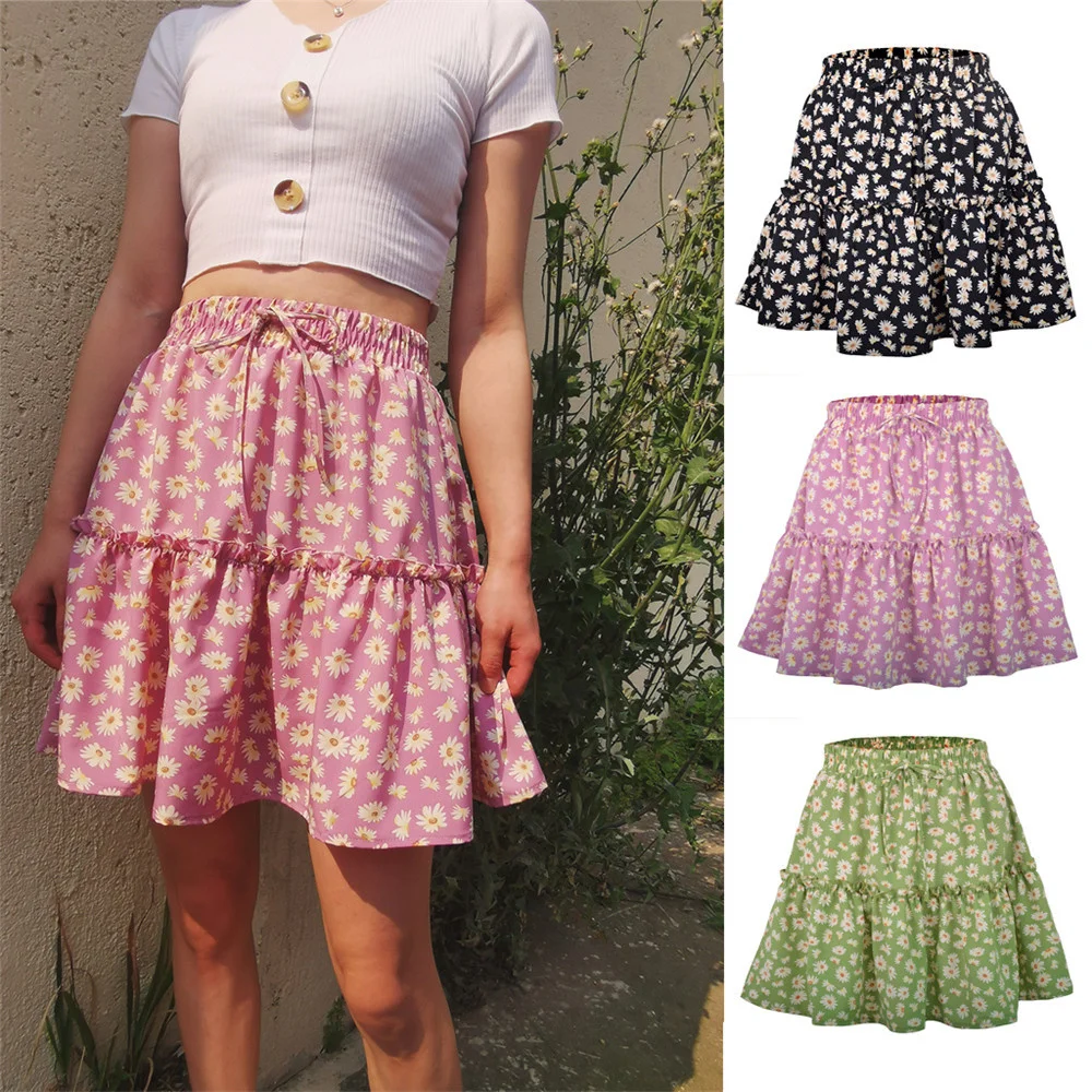 

Summer floral print casual female skirt waist with burnt belt ladies the line mini skirt beach vacation femme jupes