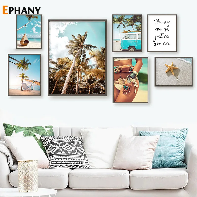 

Beach Ocean Coconut Island Wall Art Scandinavian Woman Canvas Painting Nordic Posters and Prints Pictures Modern Home Decor