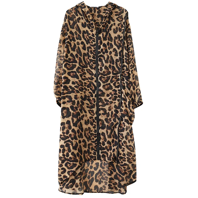 

Womens Chiffon Rayon Beach Hooded Blouses Kimono Cardigan Long Bikini Cover Up with Zipper Girls Sexy Leopard Loose Beachwear