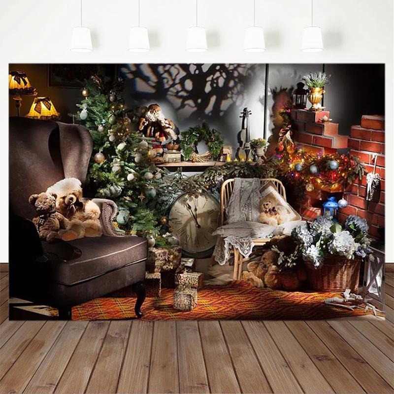 

Christmas Photography Background Safa Indoor decorations Doll Bear Backdrop Clock Children Party Props Banner For Photo Studio