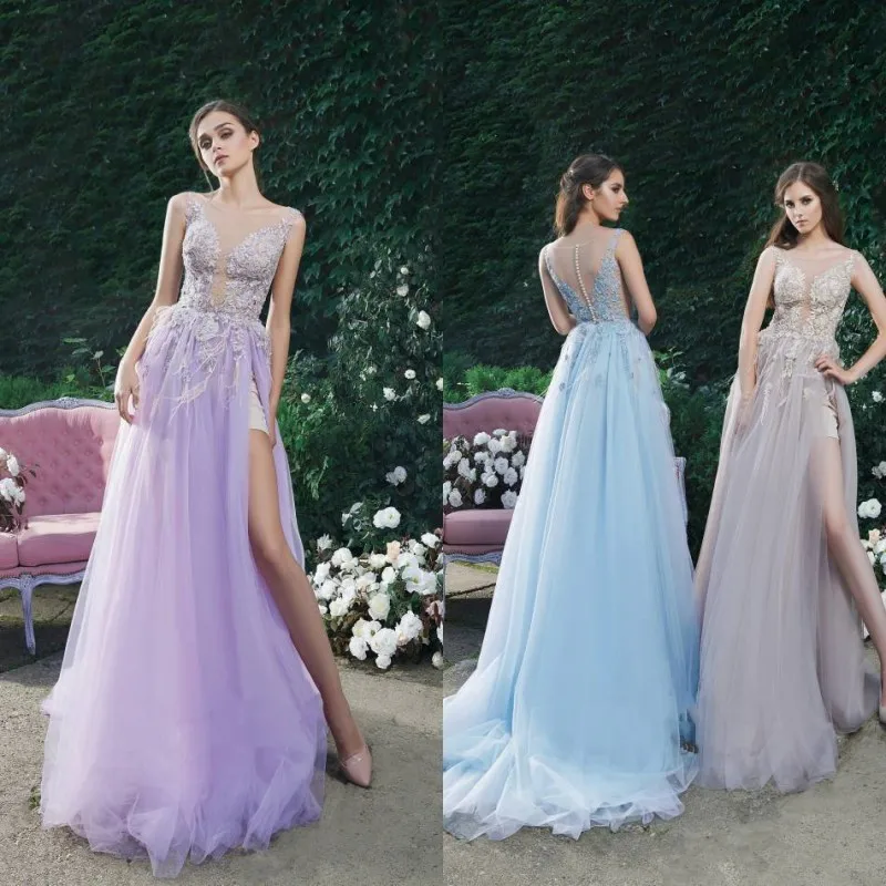 

2021 Fashion Evening Dresses Jewel Sexy High Side Split Lace Appliques Prom Gowns Dubai Arabic Hollow Back A Line Party Dress