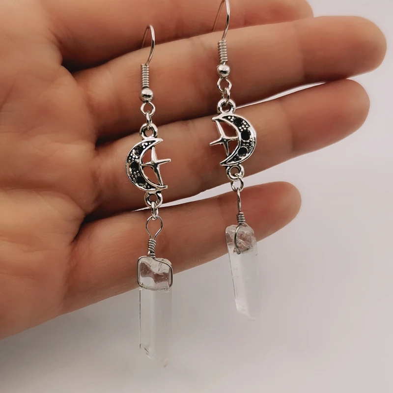 Серьги "Лунный кварц" - бохо-ведьмачьи естественные камни эзотерической альтернативы Нугот, готические, романтические, звездный подарок.