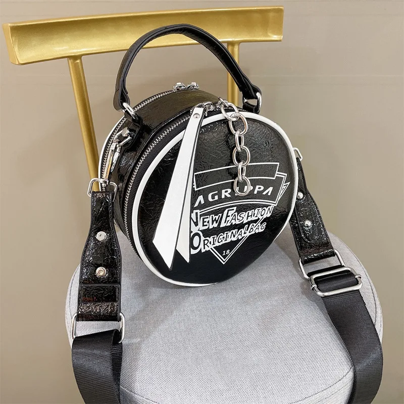 

Women's small bag trend new pu messenger bag black and white contrast color small round bag broadband shoulder bag double handle