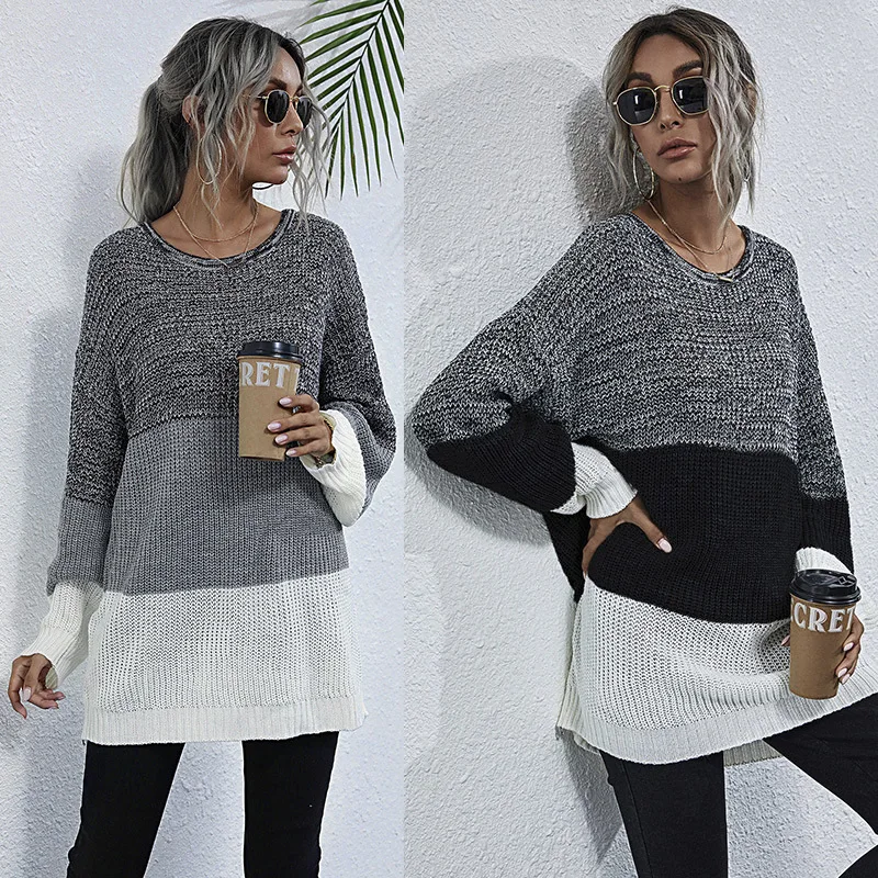 

Oversized Large Loose Color Blocked Sweaters Female Spring Lightweigh Knit Jumpers O Neck Pullovers Fall Women's Clothing Tops
