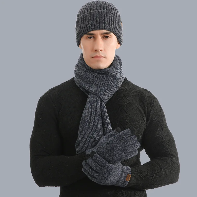 

Autumn and winter warm hat scarf glove set men's and women's mixed color knitted wool thickened Plush Hat Scarf Glove Set