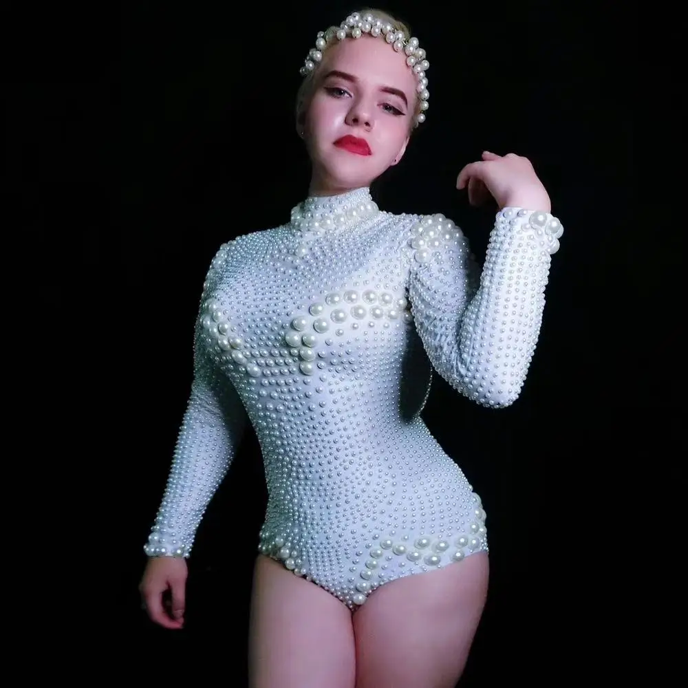 Women Sexy Jazz Singer Stage Costumes Vintage White Full Pearls Elastic Bodysuits Nightclub DJ DS Dancer Leotard