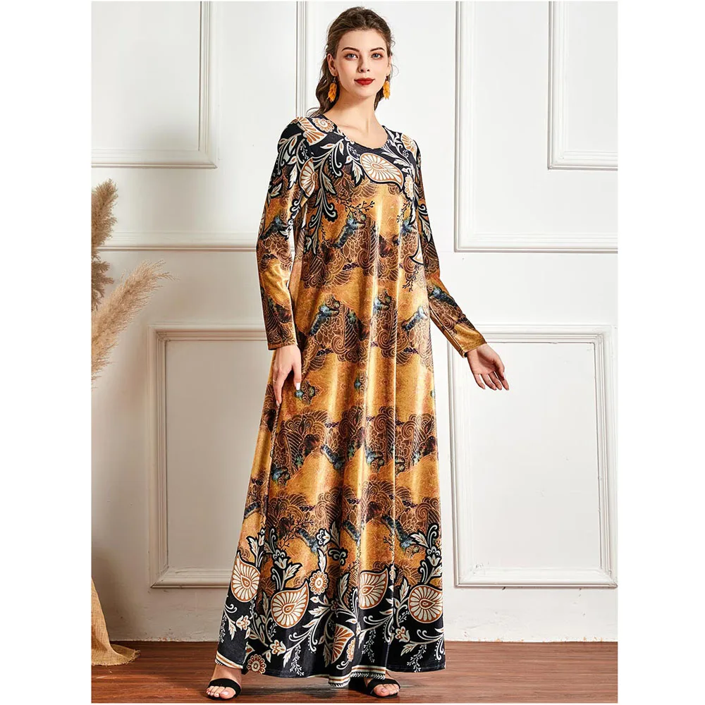

Fashion Women Velvet Long Dress Dubai Abaya Turkish Kaftan Moroccan Caftan Gown Islamic Clothing Ramadan Jilbab Robe UAE Abayas