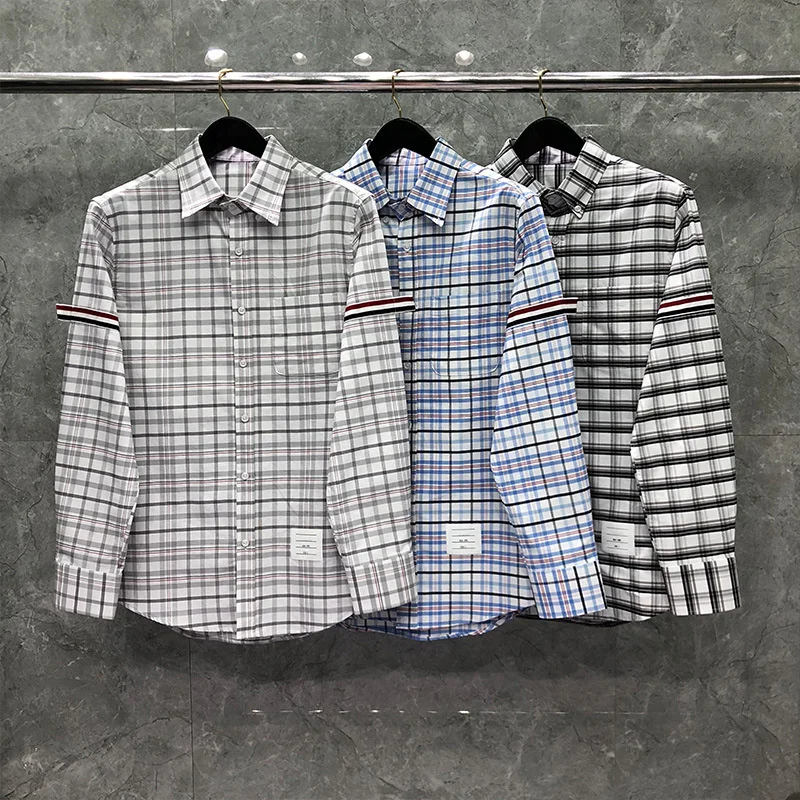 2023 TB Fashion THOM Brand Shirts Men Slim Fit Long Sleeve Casual Plaid Shirt Striped Oxford Cotton Spring Autumn Men's Clothing