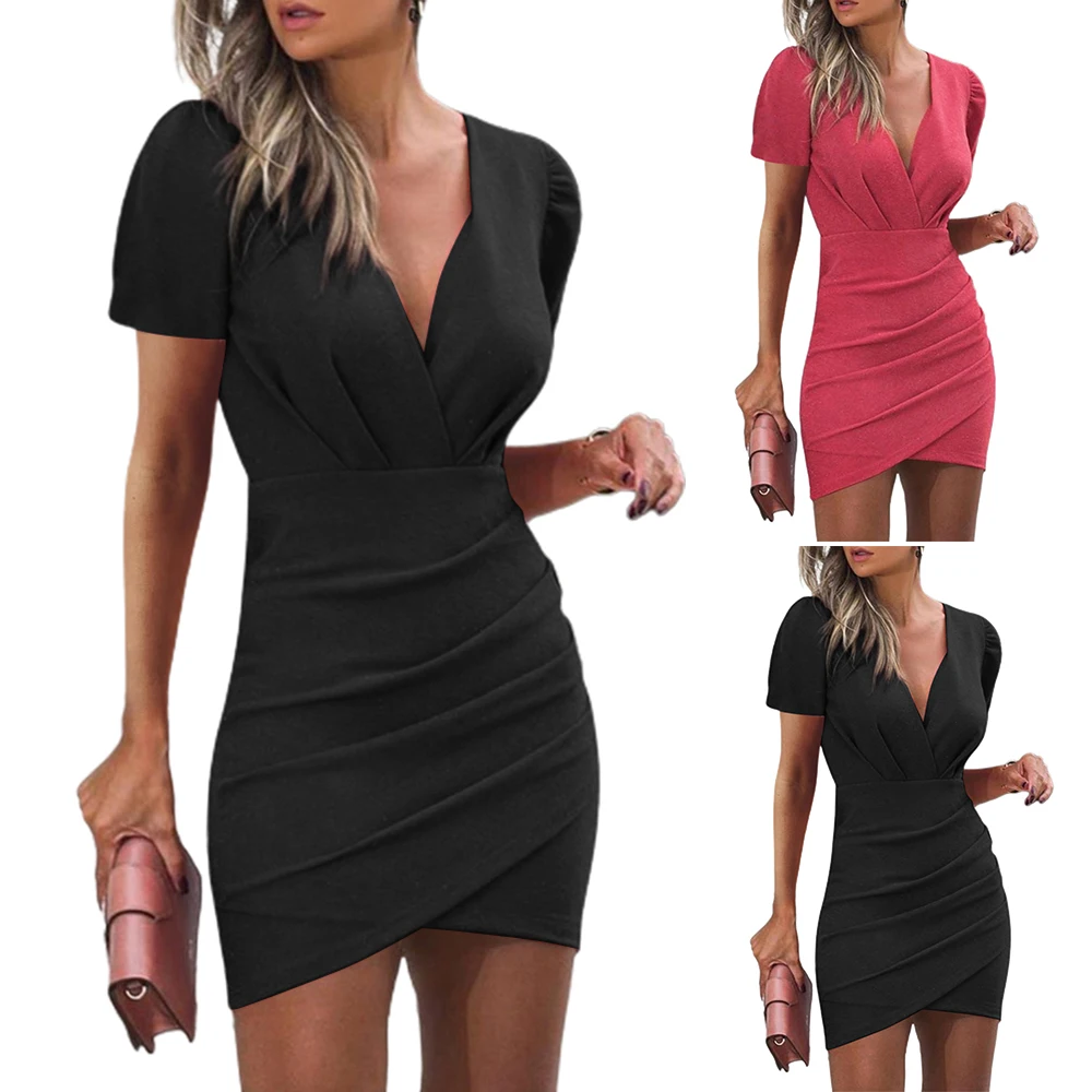 

Women Sexy Elegant V-Neck Pleated Dress Lady Bodycon Short Sleeve Ball Gown Dresses Office Lady Vestidos