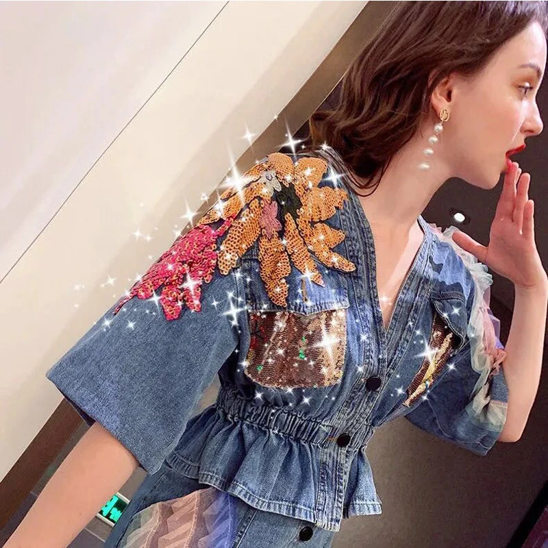 

Dress Women's Summer 2021 French Retro Denim Top Half Skirt Net Red Fried Street Two Pieces Suit Within Vestido Oodji Vfemage