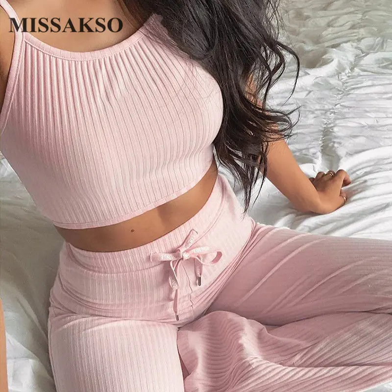 Сексуальный женский летний укороченный топ и брюки Missakso в рубчик спортивный