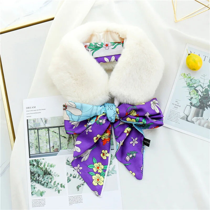 Простой Длинный шелковый шарф женский элегантный роскошный меховой воротник