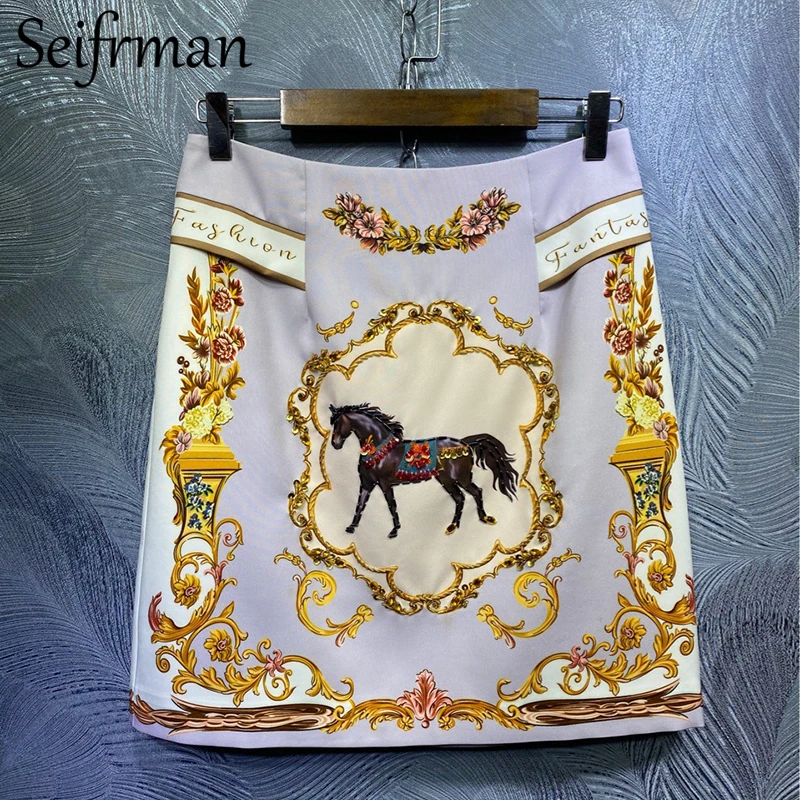 

Seifrmann Summer Women Fashion RunwaySkirts Set Pockets Lantern Sleeve Tops + High Waist A-line Short Skirts 2 TwoPiecesSuits