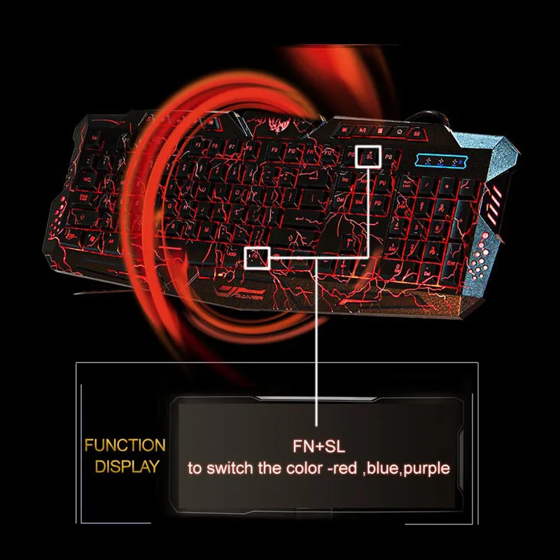 

1pc Adjustable Crack Backlit LED Light Up Wired Gaming Keyboard USB 3 Colors P9YA