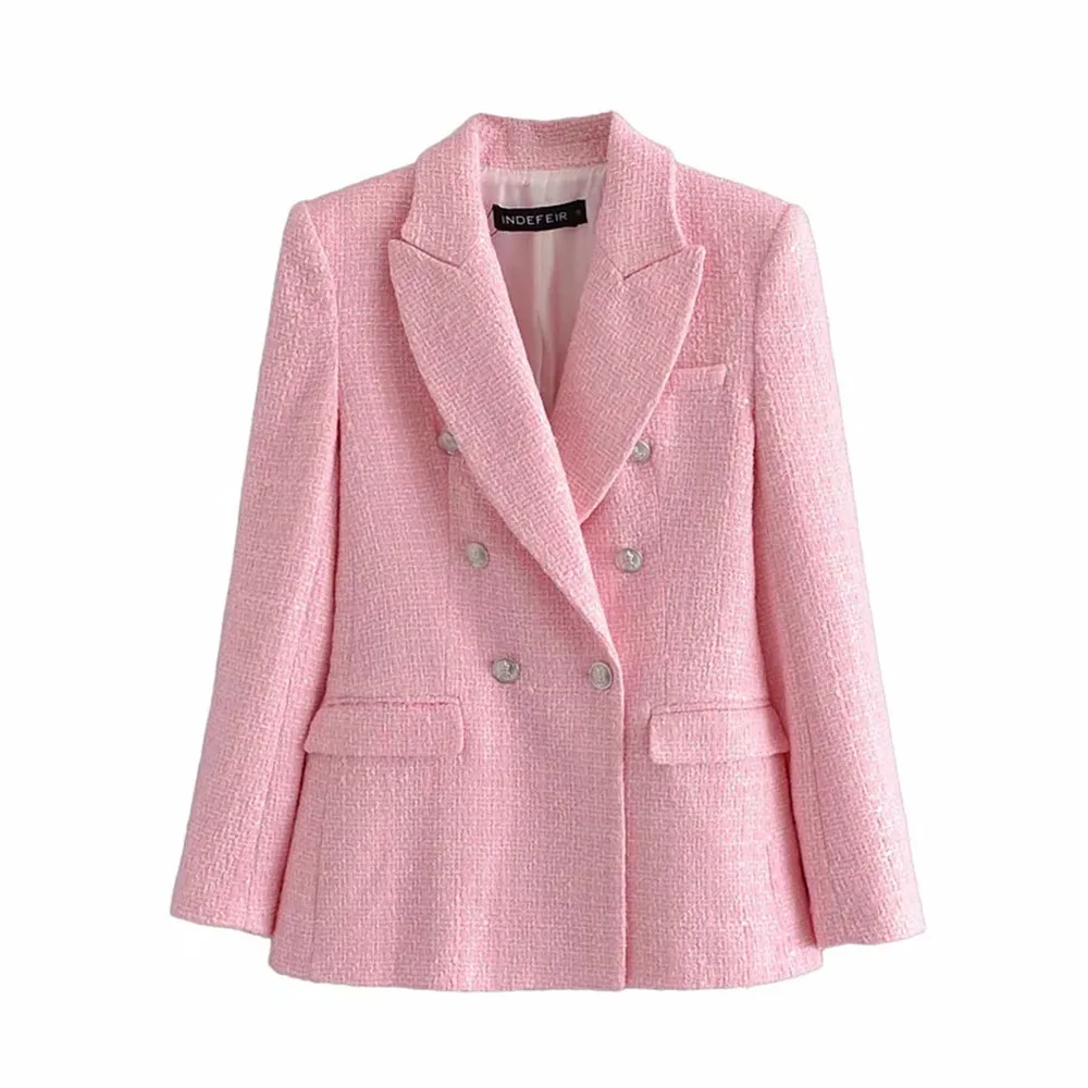 

BBWM Za Women 2021 Fashion Double Breasted Casual Pink Tweed Blazer Coat Female Business Work Office Lady Plus Size