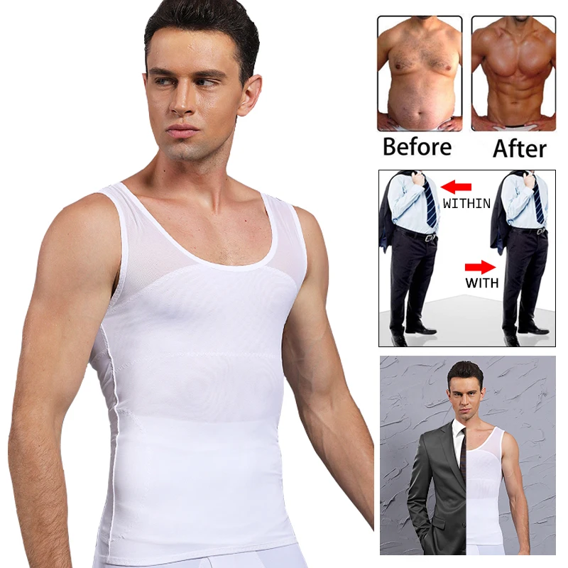 Men Power Net Body Shaper Slimming Vest Chest Waist Trainer Compression Shirt Tight Undershirt to Hide Tank Top